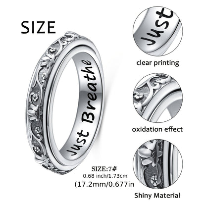 Bague anti-anxiété en argent sterling 925 avec motif fleur de lotus – Anneau rotatif oxydé « Just Breathe » pour soulager le stress, le TDAH, l'autisme et le yoga, bague unisexe pour l'inquiétude, tailles 57-67, cadeau pour femmes et hommes