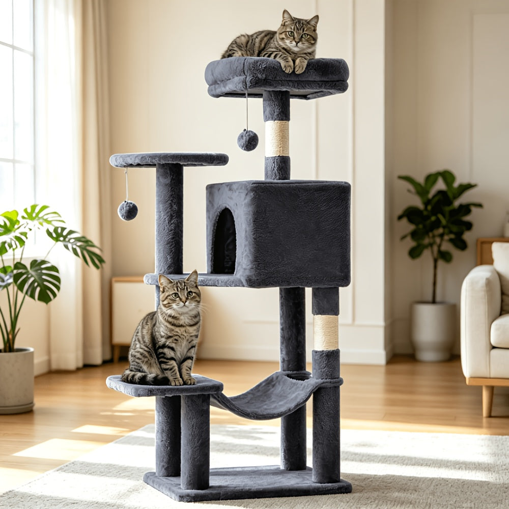 Arbre à chat de 112 cm avec poteaux à griffer en sisal naturel, grand hamac et niche fermée - Structure d'escalade multi-niveaux pour grands chats et foyers multi-chats, mobilier moderne pour animaux de compagnie