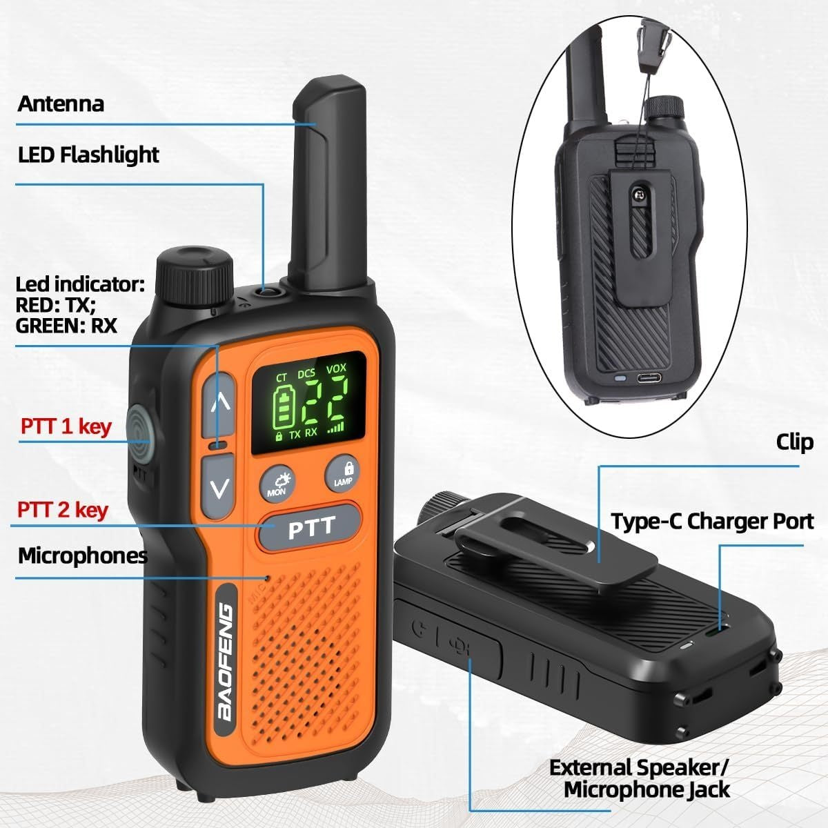 BAOFENG Walkie Talkies for Adults Long Range – 22 FRS Channels, VOX Hands-Free, USB-C Rechargeable Li-ion Battery, LCD Display, Built-in Flashlight, 2-3 Mile Range for Hiking, Camping & Family Outdoor Use