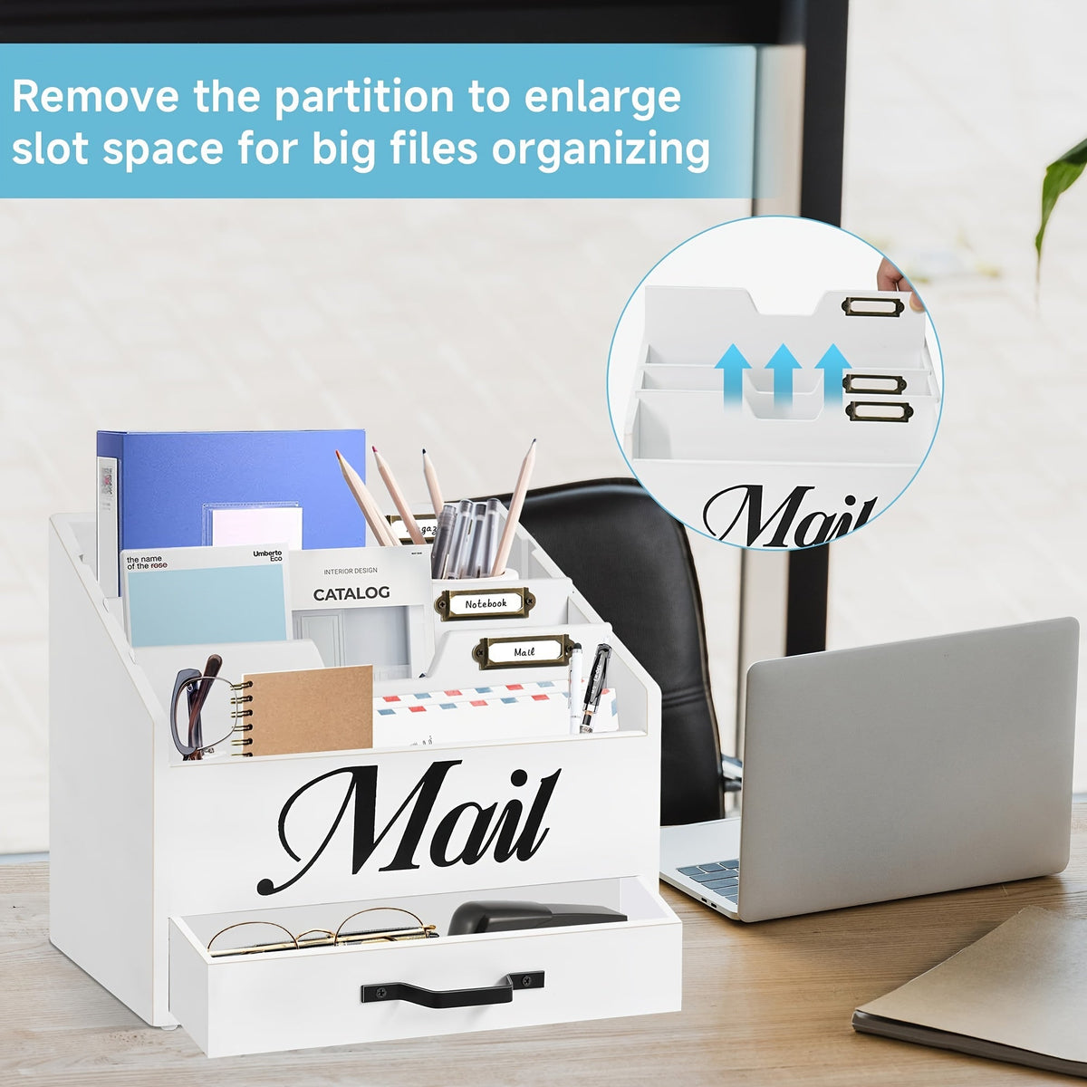 Grand organisateur de courrier de bureau en bois massif avec tiroir, 4 compartiments et séparateurs étiquetables pour dossiers, lettres et papier, organisateur de bureau pour bureau à domicile, étudiants et professionnels