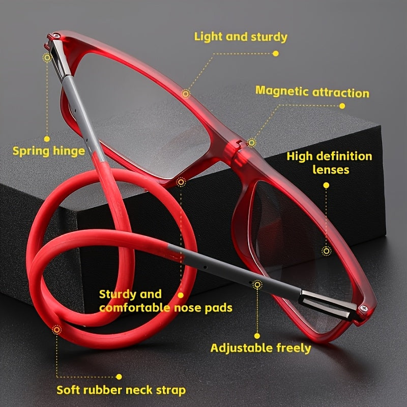 4 paires de lunettes de lecture magnétiques pliables à suspendre au cou pour hommes et femmes – Monture presbyte rétro carrée ultralégère, design télescopique anti-chute portable, puissances de +1,0 à +4,0 pour le port quotidien au bureau