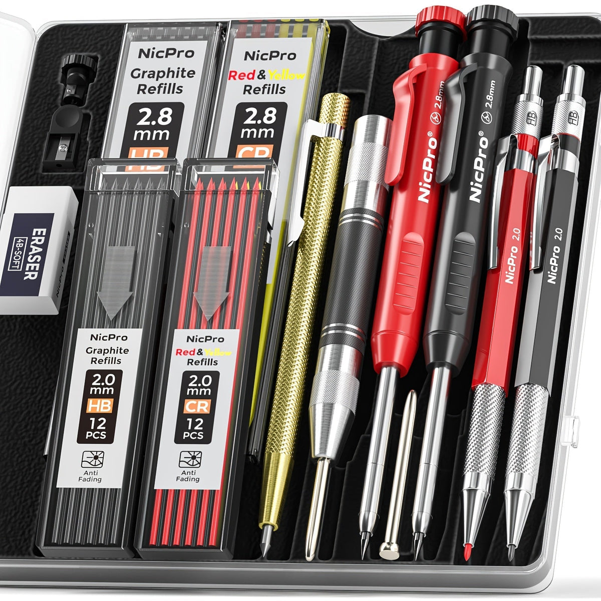 Ensemble de crayons de charpentier avec taille-crayon – Porte-mines avec recharges, pointeau automatique et pointe à tracer au carbure dans un étui robuste, kit de marquage professionnel de 15/16/17/18/27 pièces pour le travail du bois