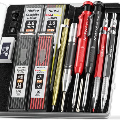 Ensemble de crayons de charpentier avec taille-crayon – Porte-mines avec recharges, pointeau automatique et pointe à tracer au carbure dans un étui robuste, kit de marquage professionnel de 15/16/17/18/27 pièces pour le travail du bois