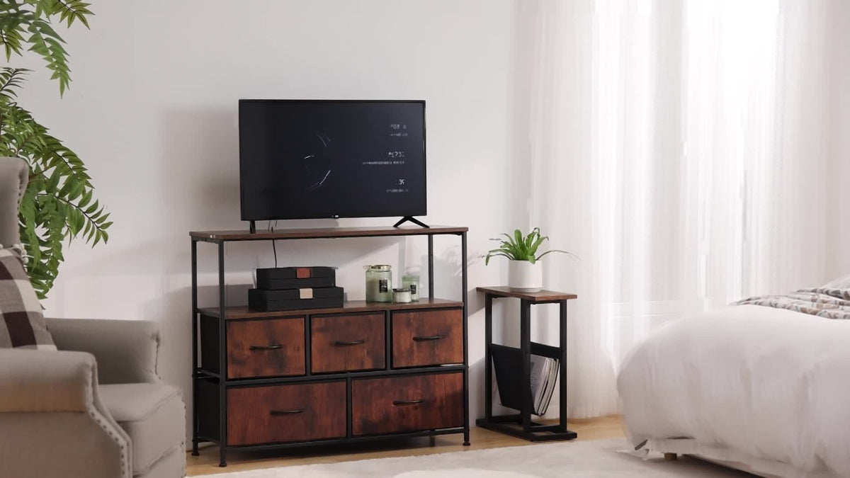 Caisson de rangement latéral à 5 tiroirs avec cadre en métal et dessus en bois – Organisateur de bureau industriel, 3 tiroirs supérieurs + 2 tiroirs inférieurs, rangement ouvert, supporte une télévision jusqu'à 45 po – Noir et gris