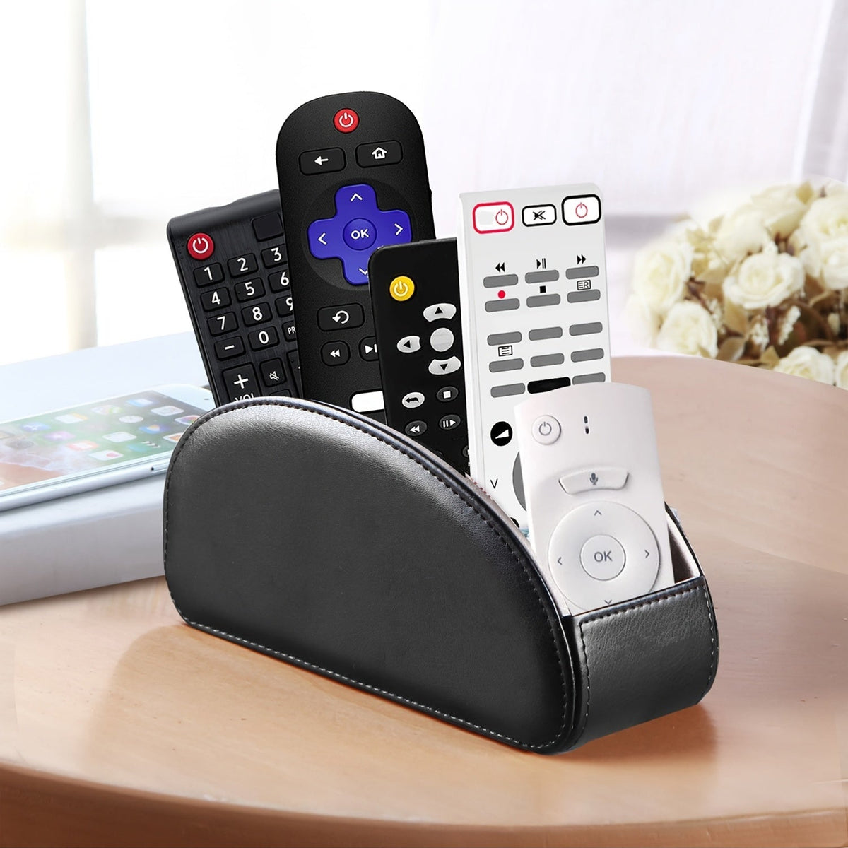 Organisateur de bureau avec 5 compartiments pour télécommandes – Boîte de rangement de chevet pour télécommandes TV, stylos, lunettes, fournitures de bureau et accessoires domestiques
