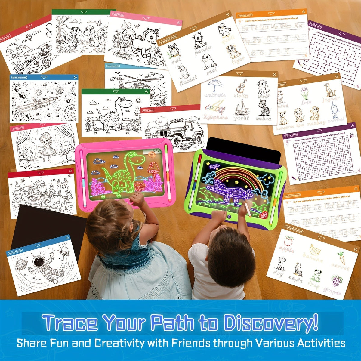 Tablette à dessin lumineuse LED pour enfants de 3 à 8 ans – Kit d’art phosphorescent avec 9 cartes recto-verso et 6 marqueurs, jouet éducatif de voyage, cadeau d'anniversaire et de Noël pour filles et garçons