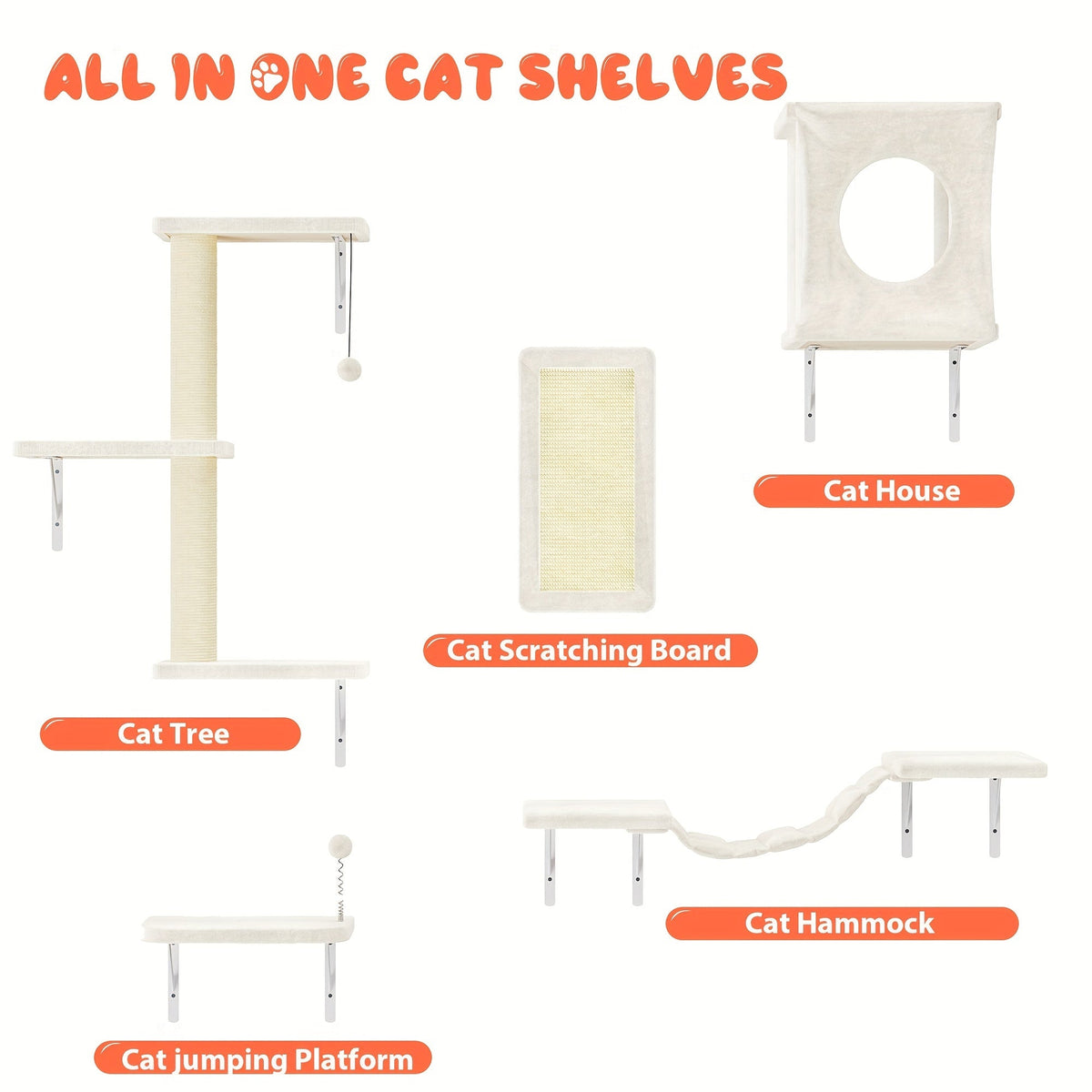 Ensemble de 5 étagères murales pour chats - Perchoir, grimpeur et pont flottants pour chats, mobilier moderne pour chats d'intérieur, alternative à l'arbre à chat avec plateforme de couchage, maison pour chat gain de place