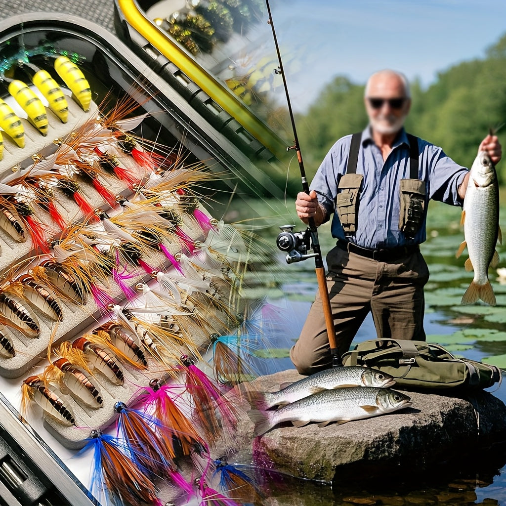 Assortiment de 114 mouches de pêche à la mouche avec boîte portable - 11 styles mixtes de mouches sèches/noyées, nymphes et streamers, hameçons de taille 10 pour truite, bar, saumon, steelhead et carpe - Eau douce et eau de mer
