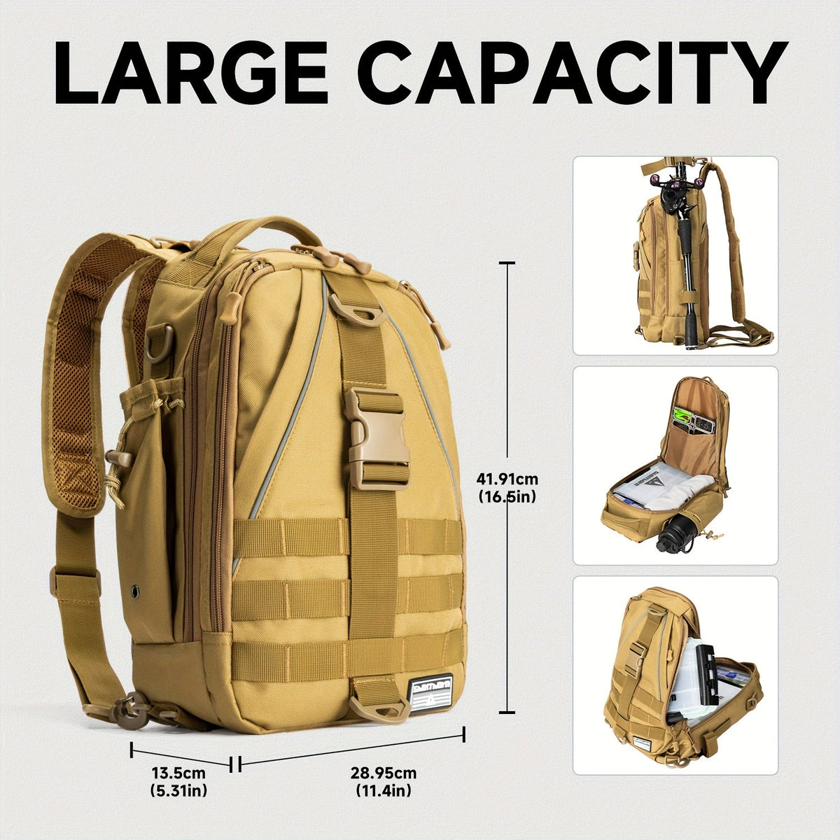 Sac à dos de pêche avec porte-canne – Sac bandoulière imperméable pour randonnée, pêche à la mouche, rangement de boîte à pêche, cadeau pour papa pêcheur