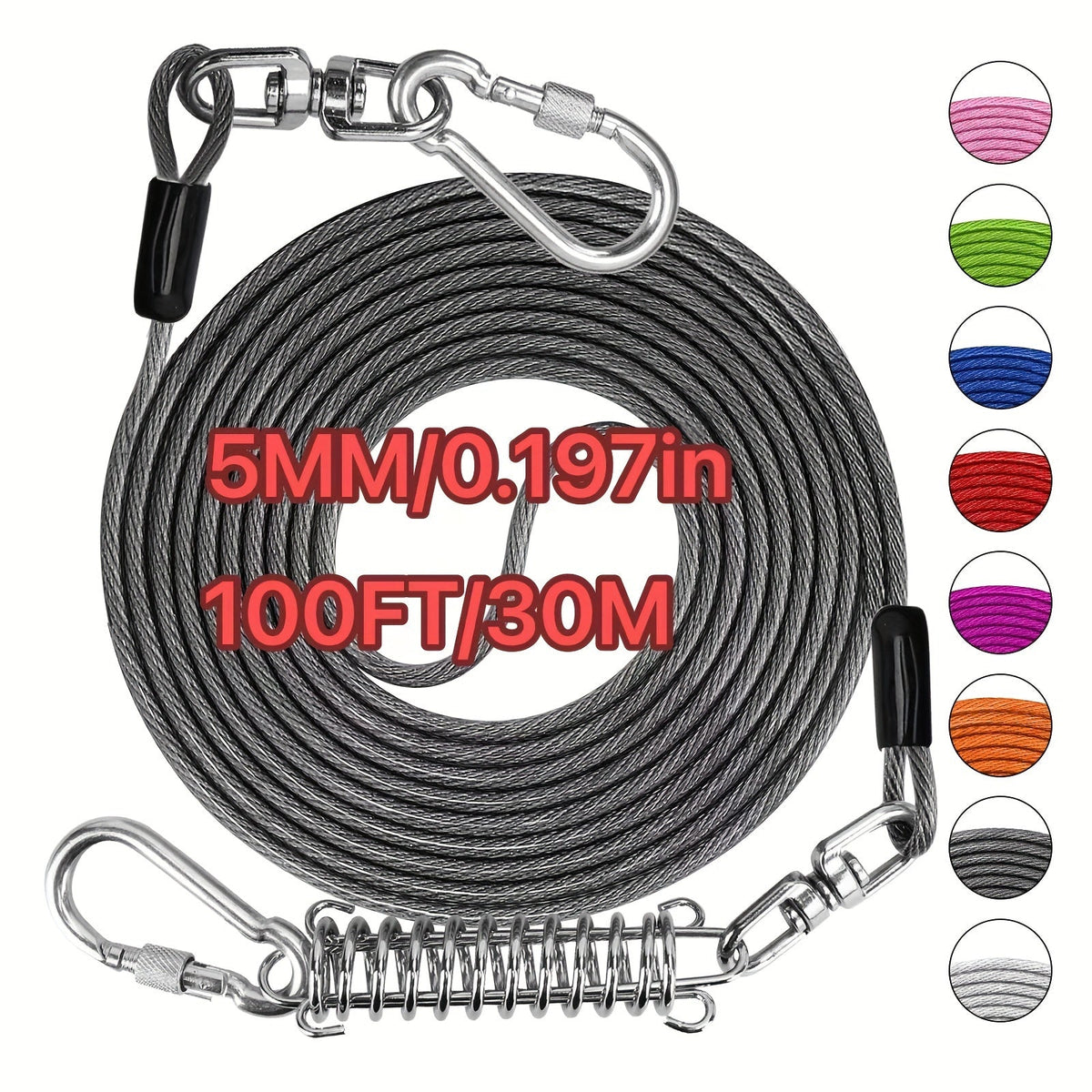 Laisse pour chien ultra-résistante de 1,8, 3, 4,5, 9, 15, 23 ou 30 mètres, câble d'attache d'entraînement pour grands chiens jusqu'à 225 kg, corde de course durable et résistante aux morsures pour le jardin