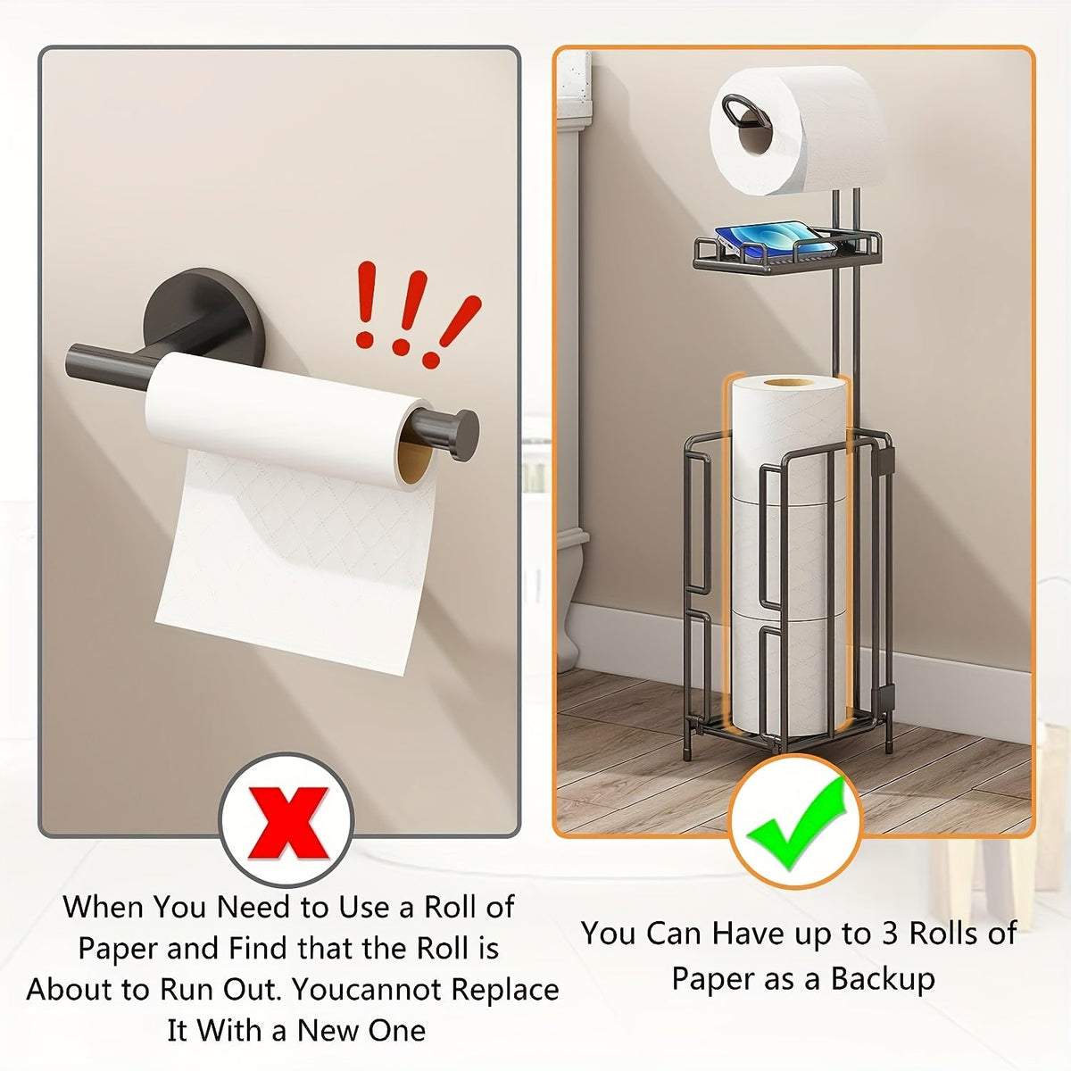 Porte-papier toilette sur pied – Support en métal avec rangement pour 3 rouleaux de réserve, distributeur moderne pour salle de bain, sans perçage, cadeau de pendaison de crémaillère et de Noël