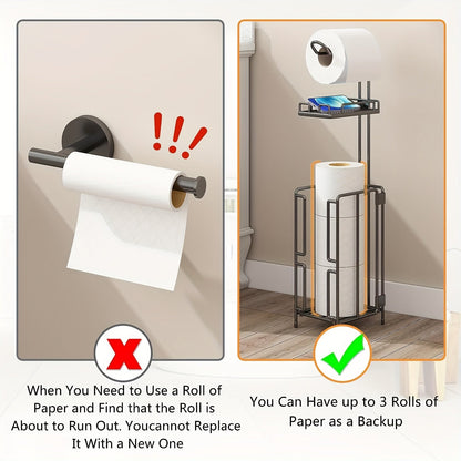 Porte-papier toilette sur pied – Support en métal avec rangement pour 3 rouleaux de réserve, distributeur moderne pour salle de bain, sans perçage, cadeau de pendaison de crémaillère et de Noël