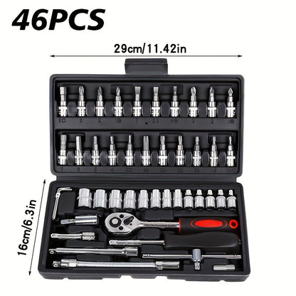 Ensemble d'outils de réparation pour maison et voiture 46 pièces – Jeu de clés à cliquet, tournevis et douilles pour réparations de voitures, motos, vélos et entretien domestique
