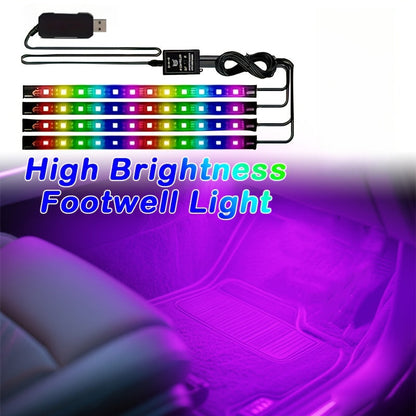 Kit d'éclairage intérieur LED RGB pour voiture, 4 bandes lumineuses pour espace aux pieds, 16 couleurs, alimenté par USB avec télécommande, éclairage d'ambiance DIY pour tous véhicules, voitures, camions et SUV