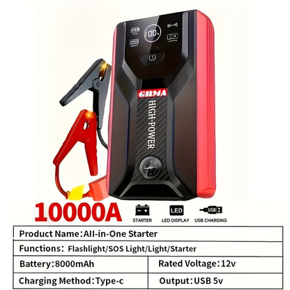 Démarreur de batterie portable pour voiture 2000 A – Booster sans fil 12 V pour démarrage rapide de moteurs essence (8,0 L) et diesel (6,5 L) avec entrée/sortie USB, lampe d'urgence LED – Accessoire auto et outil d'urgence