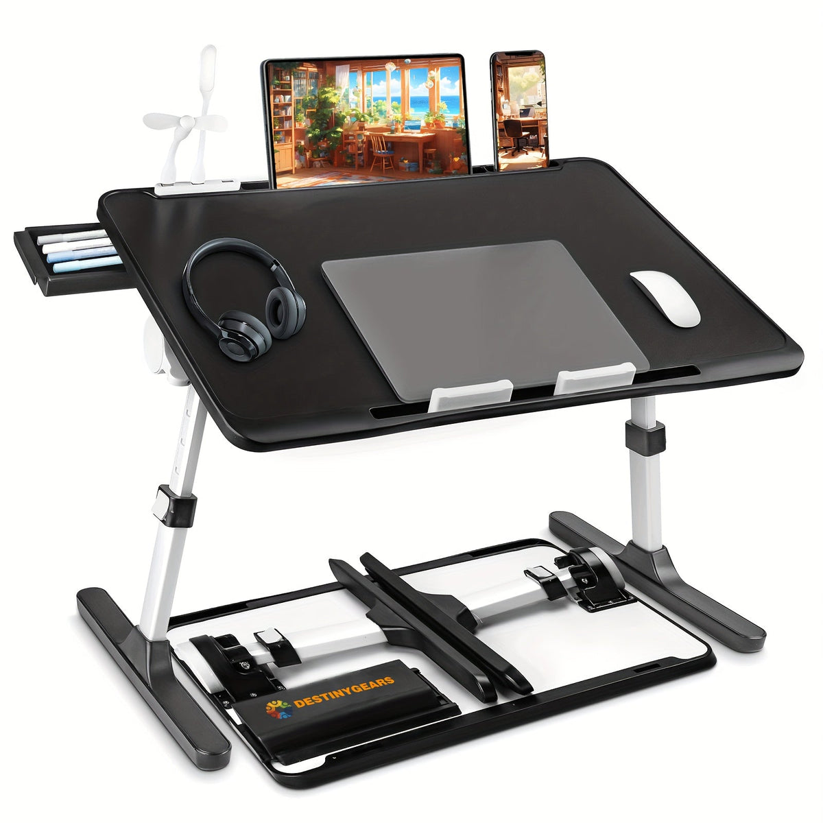 Plateau de lit pour ordinateur portable avec lampe USB, ventilateur et tiroir – Support d'ordinateur portable portable et réglable pour lit, canapé, bureau pour lire, écrire, manger, 10 couleurs et tailles