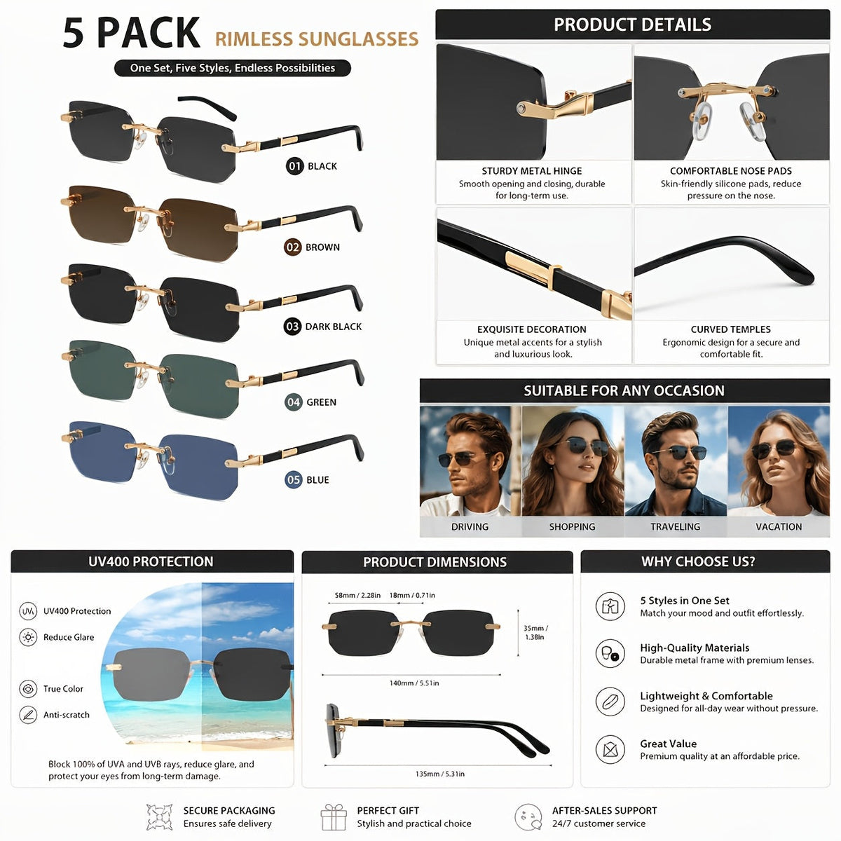 Lot de 5 paires de lunettes de soleil en métal sans monture pour hommes et femmes – Lunettes légères et tendance, styles assortis, protection UV pour fêtes estivales, style urbain et cadeaux de vacances