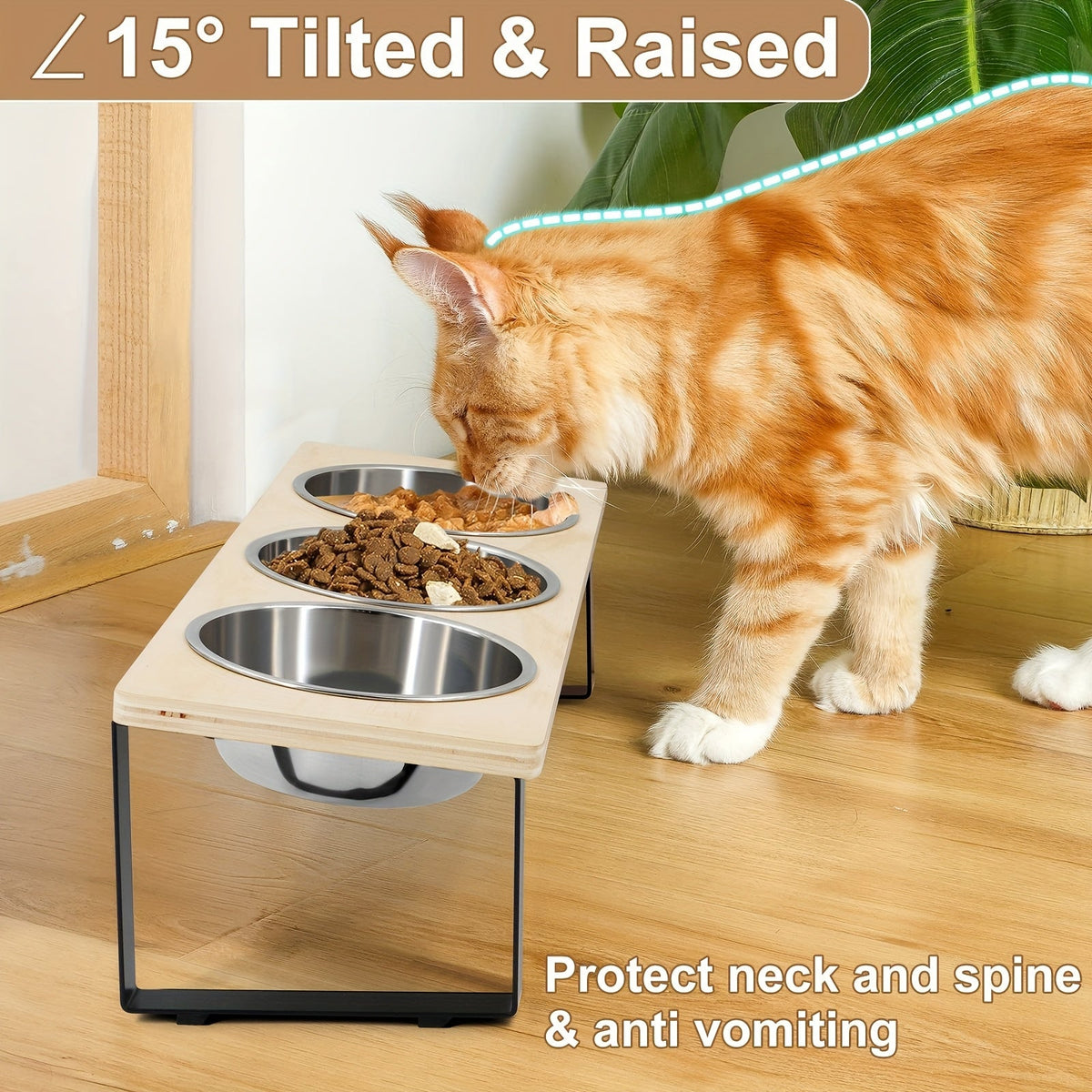 Gamelles surélevées pour chat avec 3 bols en acier inoxydable - Support incliné à 15° anti-vomissements pour chats et petits chiens, ensemble de bols ergonomiques adaptés aux moustaches, accessoire de repas moderne pour animaux