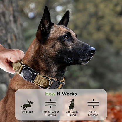 Collier tactique pour chien avec support AirTag et poignée – Nylon PC robuste, réglable M/L/XL pour chiens moyens et grands, collier de dressage de style militaire avec poignée de contrôle