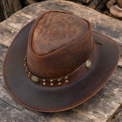 Chapeau de cow-boy en cuir véritable pour hommes et femmes, style western australien à larges bords, forme modulable, protection UV, chapeau vintage marron avec cordon de menton, tailles S à 3XL