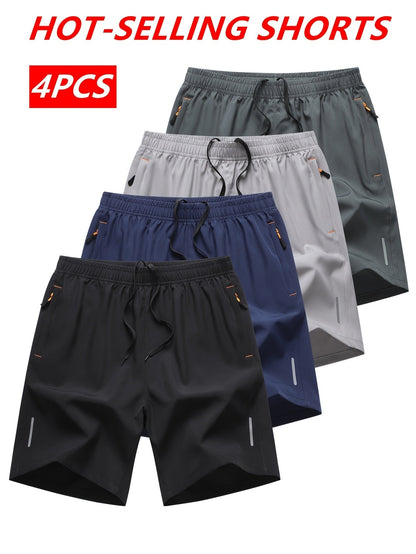 Lot de 4 shorts de sport pour homme, séchage rapide, légers et respirants, poches zippées, taille à cordon, coupe ample pour la course, la salle de sport, le vélo, le basket-ball, le tennis, les sports de plein air et la plage - Couleurs variées S-XXXL