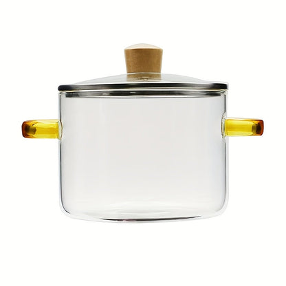 54oz Borosilicate Glass Soup Pot with Handle | Heat Resistant to 752°F | Stovetop & Oven Safe | Transparent Glass Cooker for Soup Congee Ramen Milk | Easy Clean Odorless | Green & Yellow Handle