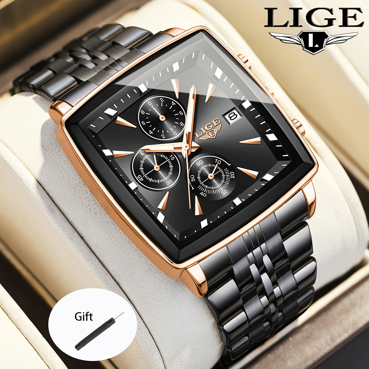 Montre à quartz analogique carrée pour homme LIGE – Bracelet en acier inoxydable, affichage du calendrier, montre-bracelet style sport preppy pour hommes et adolescents, 8 options de couleur, cadeau d'anniversaire ou de remise de diplôme bleu noir doré