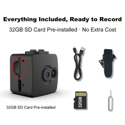 Mini caméra de sécurité espion sans WiFi – Prise en charge carte SD 32 Go, enregistrement en boucle, batterie rechargeable, Plug & Play – Sécurité domestique, babyphone, caméra pour animaux, surveillance de bureau