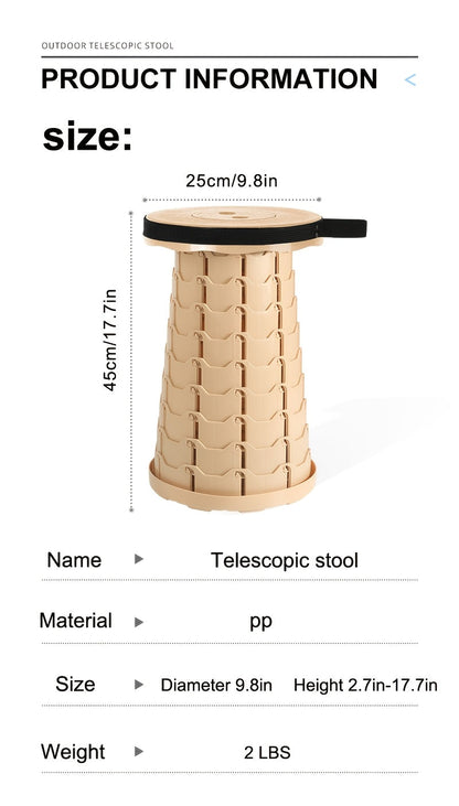 Lot de 2 tabourets pliants télescopiques, capacité 180 kg, siège rétractable portable pour camping, pêche, randonnée, cuisine et extérieur – Tabouret arc-en-ciel léger – Noir