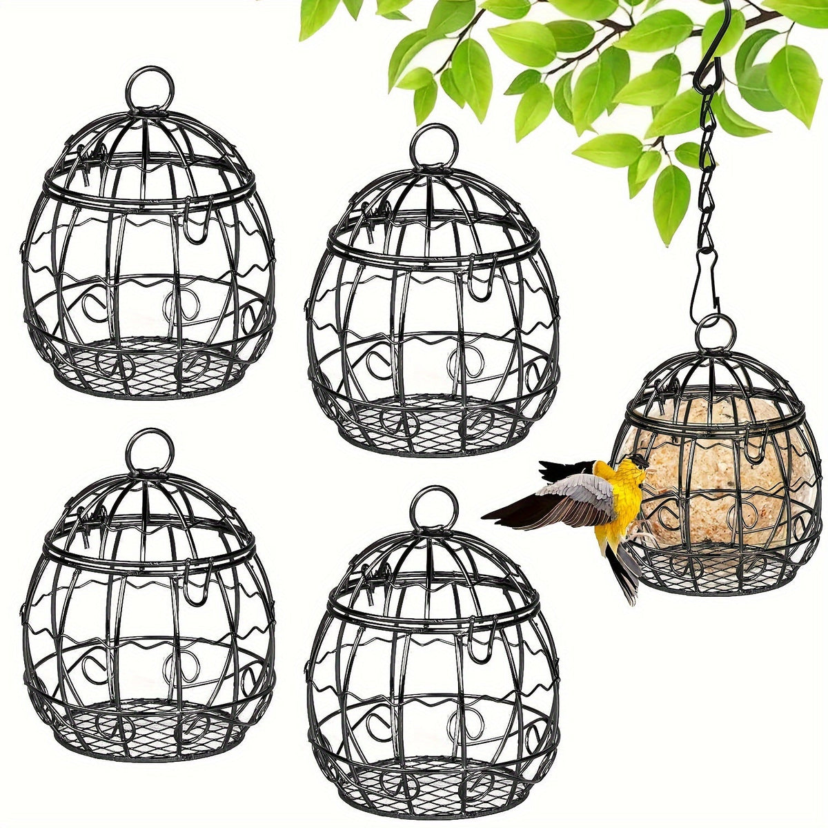 Lot de 4 mangeoires à oiseaux suspendues pour l'extérieur, stations de nourrissage pour oiseaux sauvages avec crochets, ensemble pour balcon et jardin, support de mangeoire suspendu durable pour petits oiseaux, colibris et oiseaux chanteurs