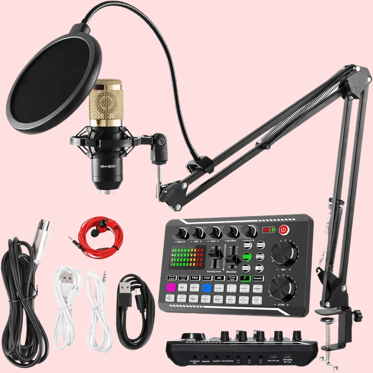Kit d'enregistrement avec microphone à condensateur et carte son BM800 – Pack studio à domicile pour podcasting, streaming, voix off et musique, compatible avec PC, smartphone et tablette, plusieurs modèles disponibles