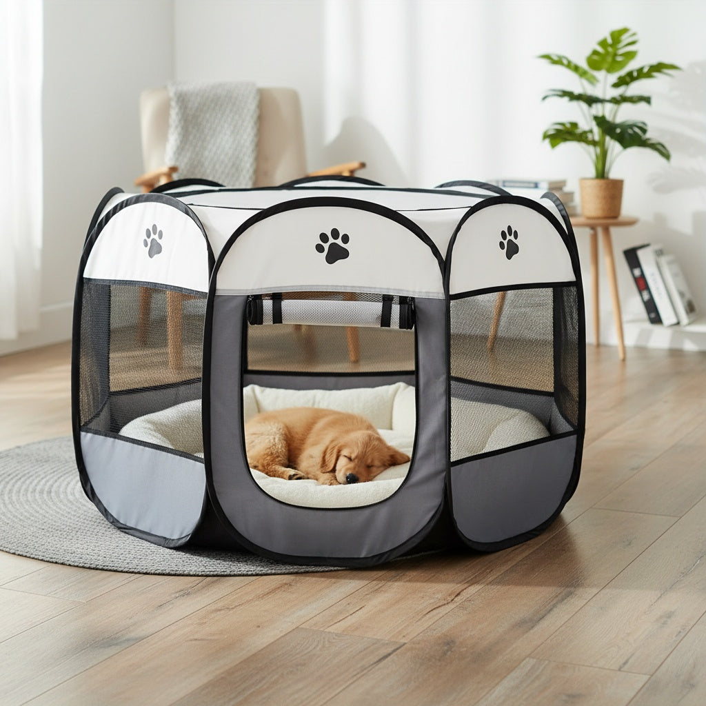 Enclos pliable octogonal pour animaux, niche toutes saisons et lit pour chat – Cage pour chiens et chats en tissu Oxford résistant aux rayures, parc portable pliable pour intérieur, extérieur, camping et voyage
