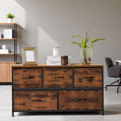 Caisson de rangement latéral à 5 tiroirs avec cadre en métal et dessus en bois – Organisateur de bureau industriel, 3 tiroirs supérieurs + 2 tiroirs inférieurs, rangement ouvert, supporte une télévision jusqu'à 45 po – Noir et gris