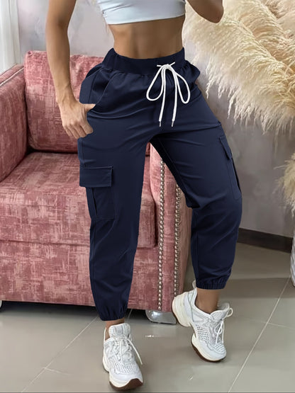 Pantalon cargo femme, taille cordon de serrage, poches multiples, ourlet effiloché, confort toute saison, coupe décontractée, tenue décontractée - Noir Kaki Olive Gris Marine Gris foncé S M L XL XXL Tissu extensible tissé