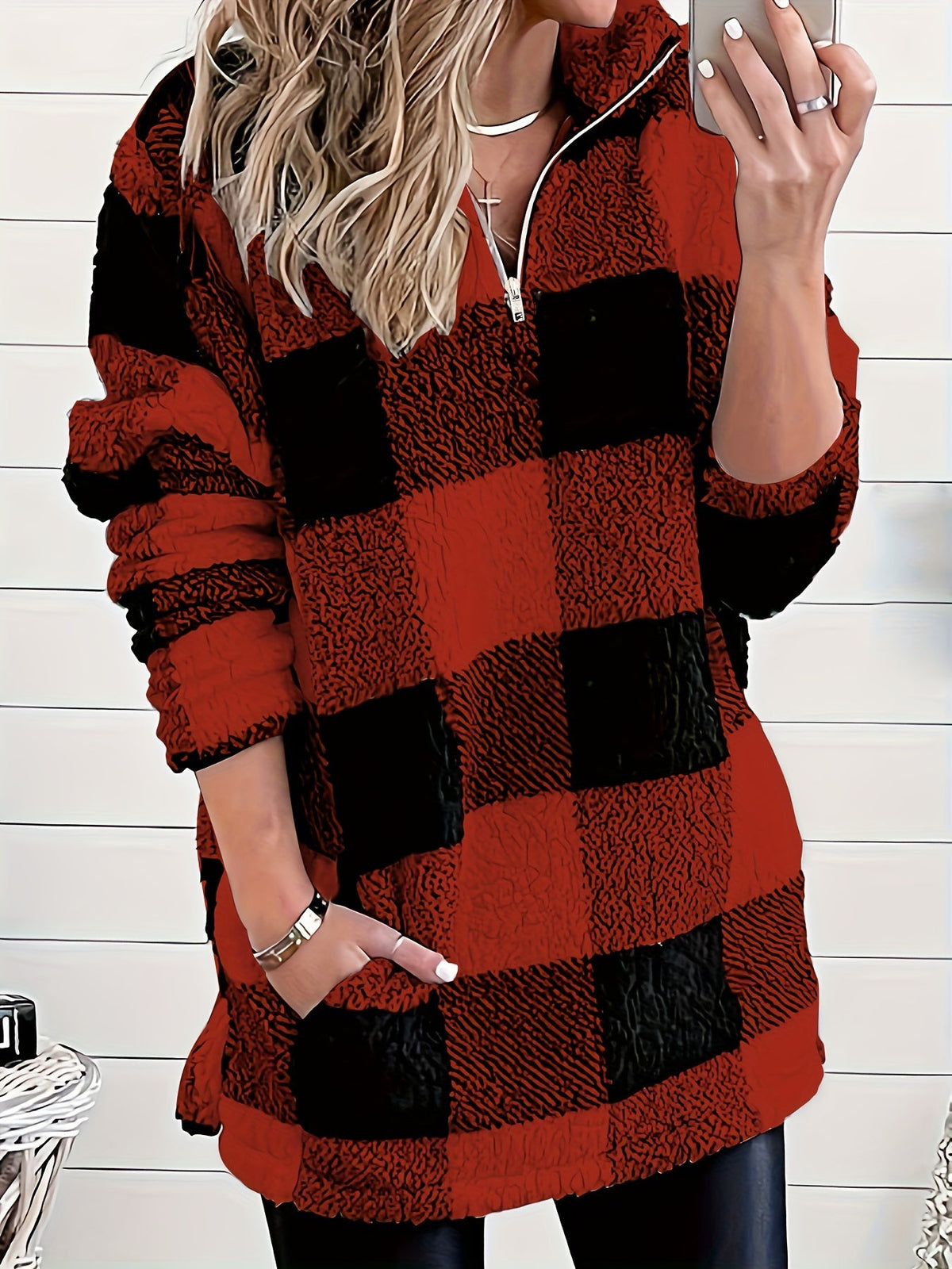 Sweat-shirt douillet à motif géométrique pour femme, haut décontracté à col montant en suédine PU – Pull en maille mi-extensible non transparent, couleurs mélangées, rouge foncé, S-XXL