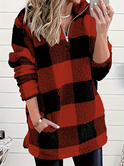 Sweat-shirt douillet à motif géométrique pour femme, haut décontracté à col montant en suédine PU – Pull en maille mi-extensible non transparent, couleurs mélangées, rouge foncé, S-XXL
