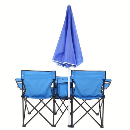 Chaise pliante d'extérieur pour 2 personnes avec parasol amovible – Canapé de camping portable avec accoudoirs pour la pêche, la plage, le bronzage et le pique-nique