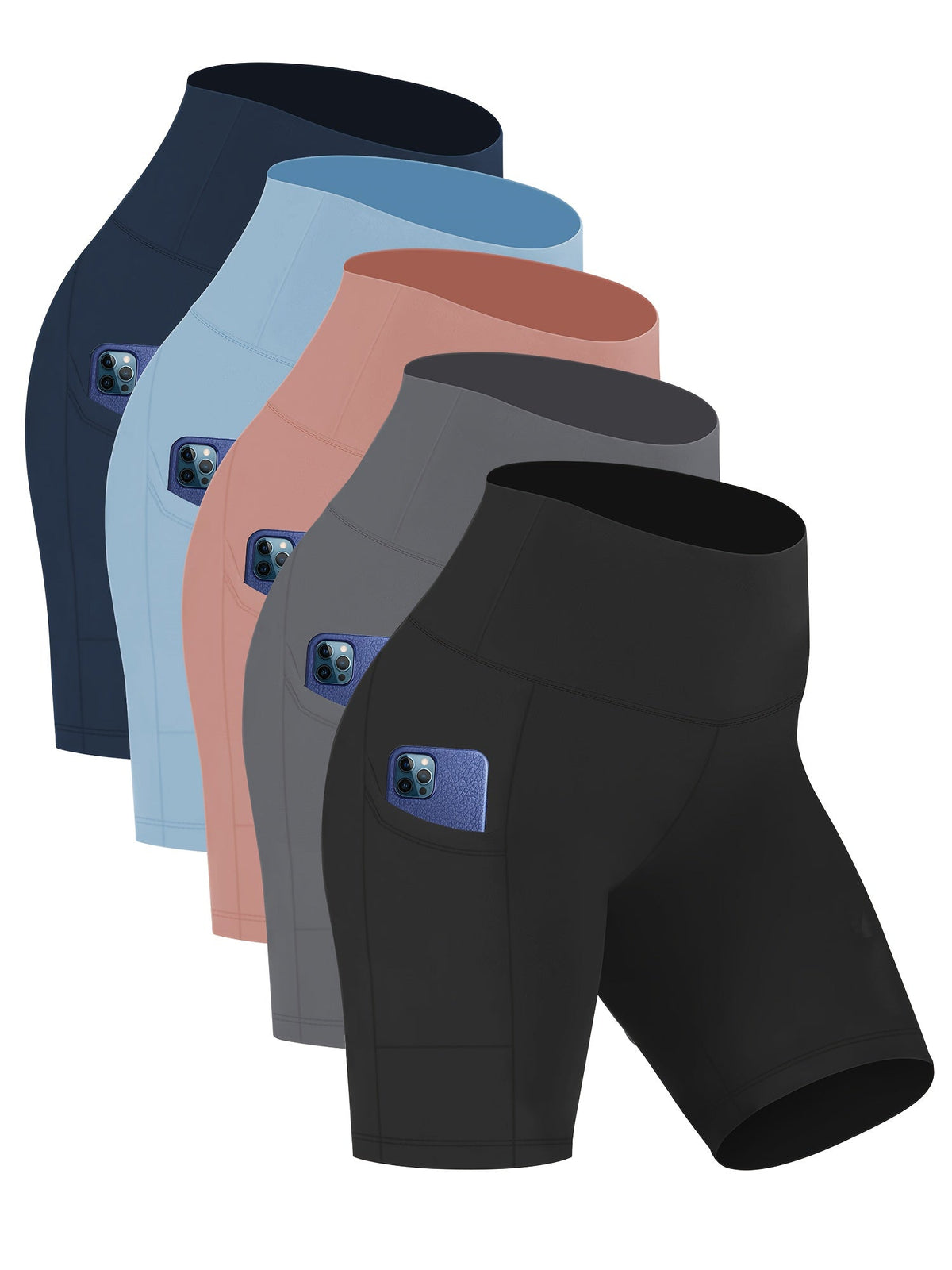 Short de yoga taille haute pour femme – Short de sport extensible 4 directions, anti-transpirant, avec ceinture élastique et poches latérales pour la course, le vélo et l'entraînement – Noir, gris foncé et bleu marine, tailles S-XXL