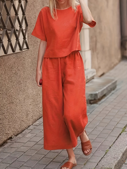 Ensemble tailleur pantalon 2 pièces pour femme, élégant et décontracté, haut à manches courtes et col rond, pantalon large, tenue ample toutes saisons, S M L XL XXL
