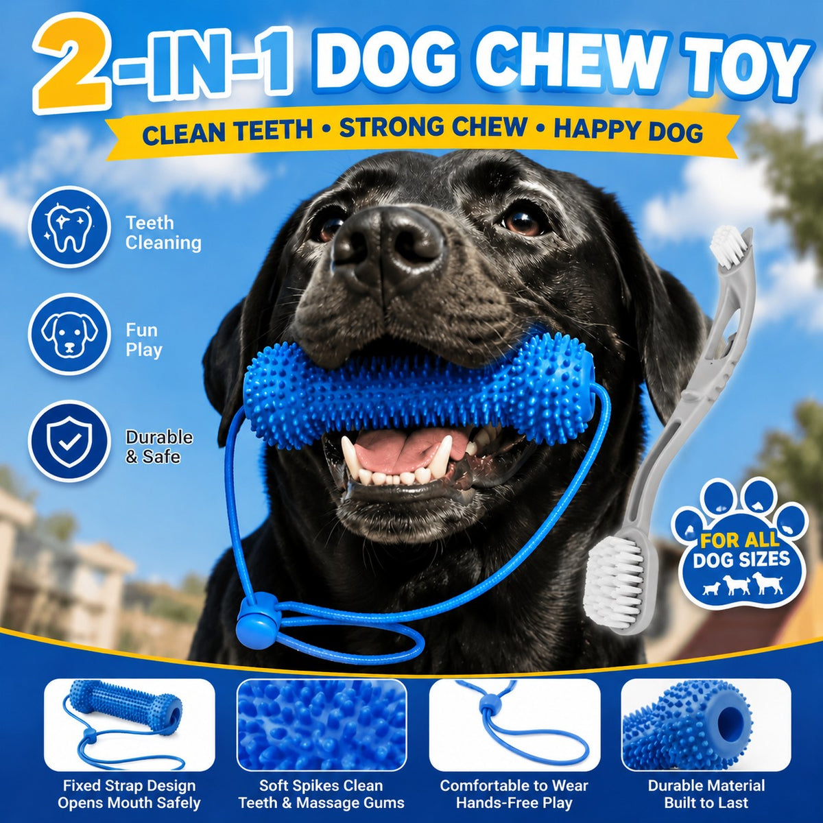 Lot de 2 bâtonnets de dentition et brosses à dents pour chien - Brosse à dents durable à mâcher avec sangle d'ouverture de gueule pour un brossage facile, jouet de soin dentaire à double usage pour chiens, couleur aléatoire