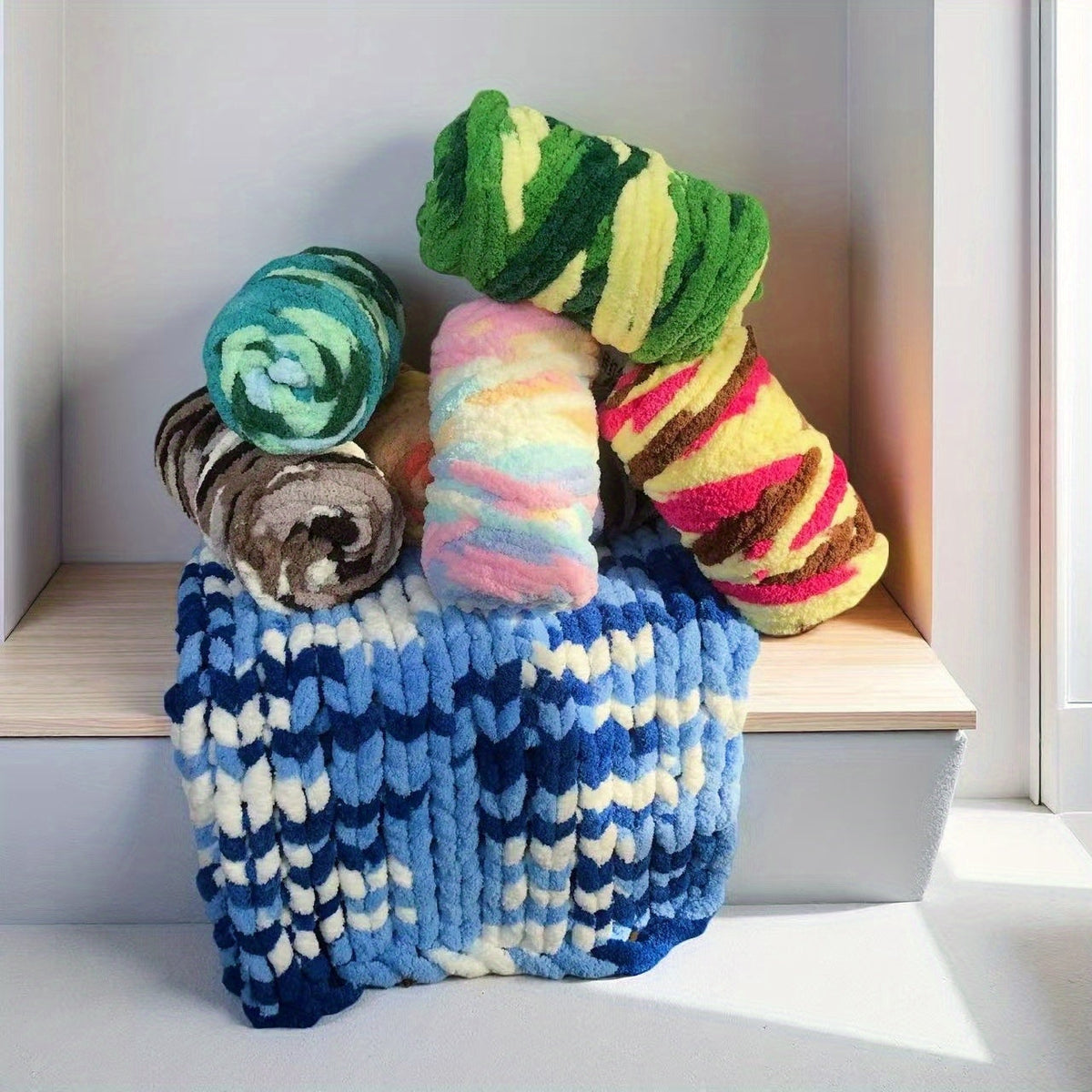 Fil chenille épais, 2 écheveaux de 500 g, laine pour tricot et crochet, rayé multicolore, polyester doux, extra épais, pelucheux, cadeau DIY pour femmes et hommes