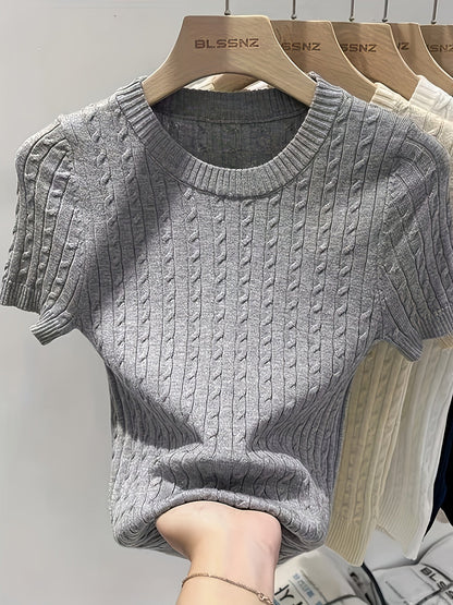 Pull femme en jacquard à manches courtes, chic, tricot torsadé, col rond, ourlet et poignets côtelés, léger, viscose, printemps-été, décontracté, S M L XL XXL
