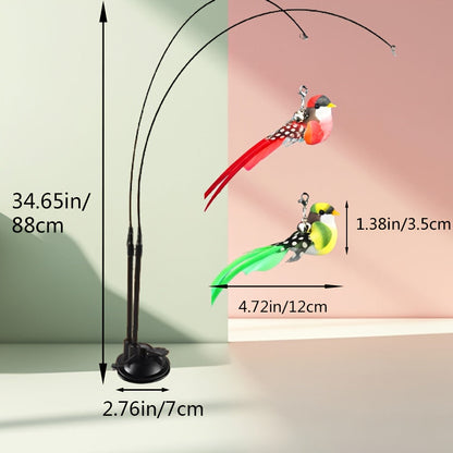Jouet interactif pour chat plume et oiseau avec base à ventouse – Baguette pour chat mains libres à double tige, jouet pour chat intérieur et extérieur sans pile, polyester non toxique, 2 oiseaux artificiels inclus, couleurs assorties