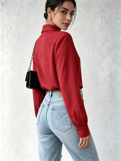 Women's Long Sleeve Shirt Jumpsuit Elegant One-Piece Romper Formal Casual Wear White Black Red XS-XL