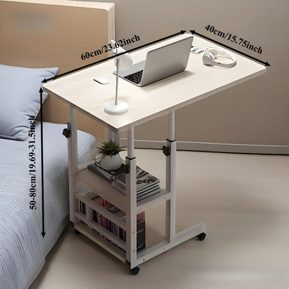 Table pour ordinateur portable réglable en hauteur avec 4 roulettes et double étagère – Bureau poste de travail mobile pour chevet, dortoir, bureau, salon, structure en acier robuste, design gain de place