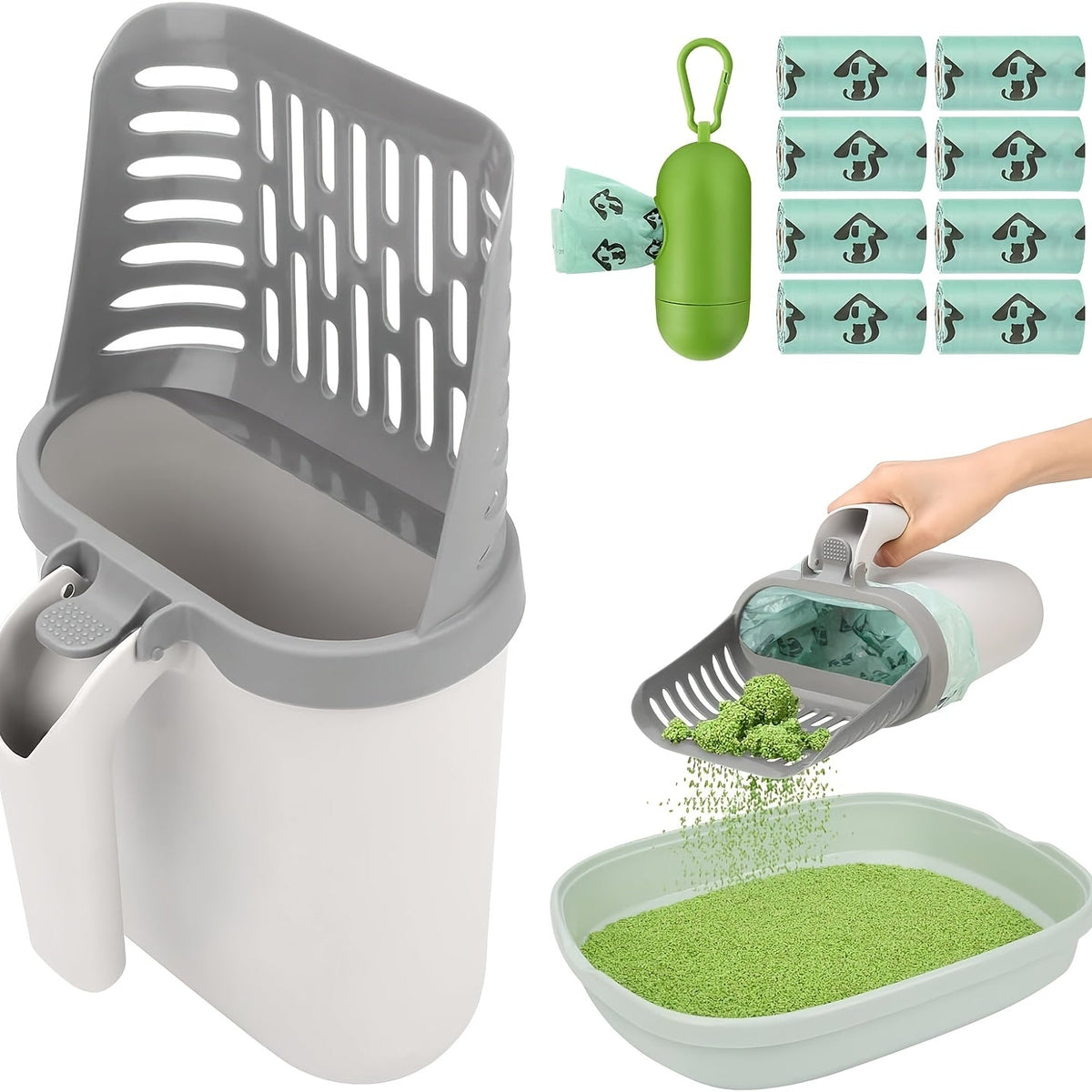 Pelle à litière avec support et sac de rechange – Pelle anti-déversement grande capacité, construction monobloc, base robuste, élimination facile des déchets pour foyers à plusieurs chats et voyages, gris blanc