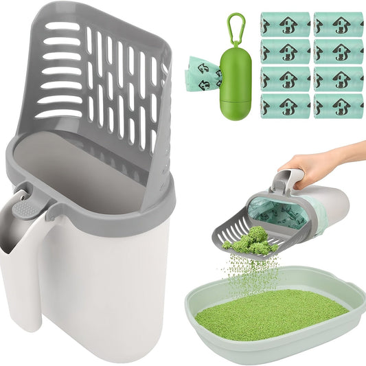 Pelle à litière avec support et sac de rechange – Pelle anti-déversement grande capacité, construction monobloc, base robuste, élimination facile des déchets pour foyers à plusieurs chats et voyages, gris blanc
