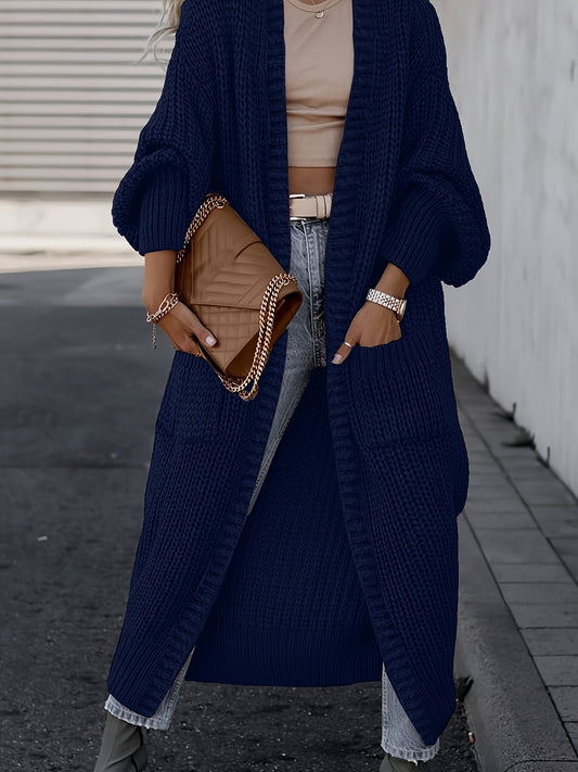 Cardigan long femme à épaules tombantes avec poches, manteau oversize uni à manches longues pour automne-hiver, tailles S M L XL XXL, gris noir abricot camel marine, manteau enveloppant confortable