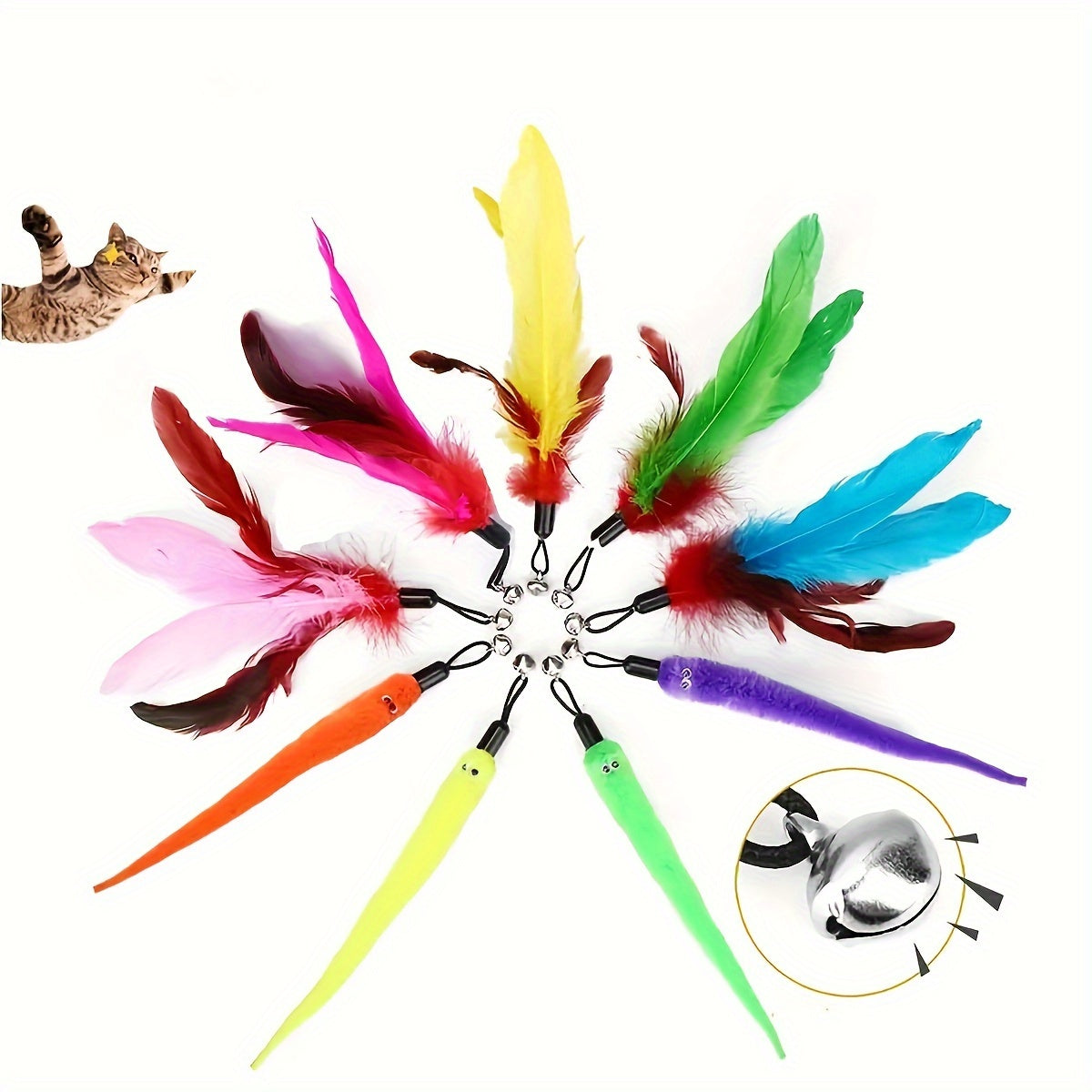 Ensemble de jouets interactifs pour chat : canne télescopique avec plumes de rechange aléatoires pour l'exercice et le jeu des chats d'intérieur, sans pile nécessaire, choix de 5, 10, 15, 20 ou 25 têtes.