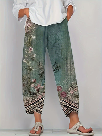 Vintage Floral Capri Pants with Elastic Waist & Pockets | Women's Retro Smocked Cropped Trousers | Casual Comfortable Boho Bottoms for Spring Summer Fall | S-XXL Multiple Colors